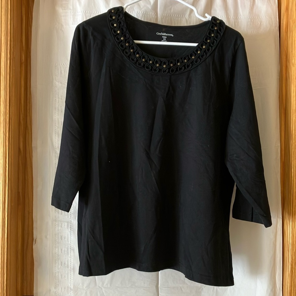 Croft & Barrow Women’s Black Sz 1X 3/4 Sleeve Beaded Appliqué Pullover Top